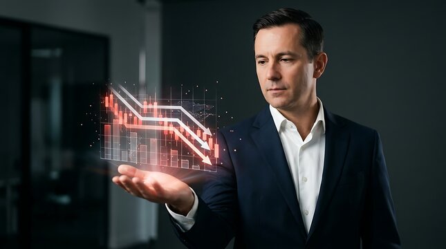 Businessman palm showing glowing red trading charts and downward arrows for market crash concept