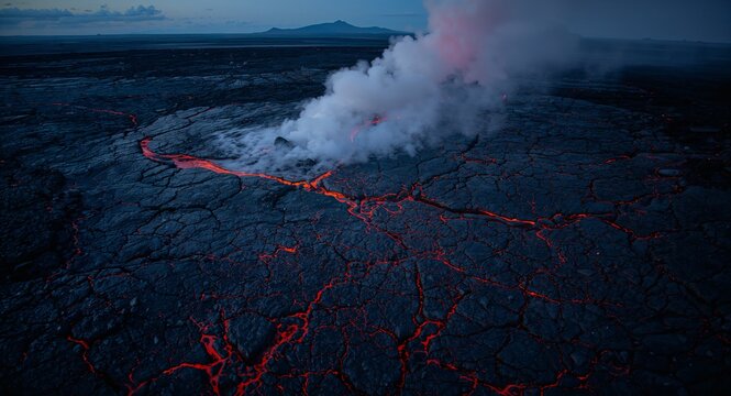 Aerial drone footage of a vast lava field with molten rock flowing slowly cracks glowing orange red under twilight steam rising dramatically against a dark volcanic landscape