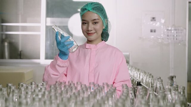 Happy beautiful Asian woman worker inspector in a factory uniform standing smiling and holding empty glasses beverage bottle while looking at camera on production line at the manufacturing industry. 