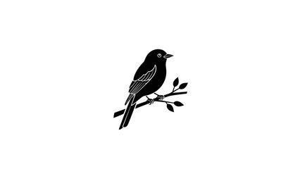 Obraz premium A black silhouette vector illustration of a bird perched on a leafy branch, isolated on a white background.