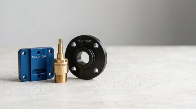 Set of precision machined industrial hardware components including anodized aluminum and brass fittings