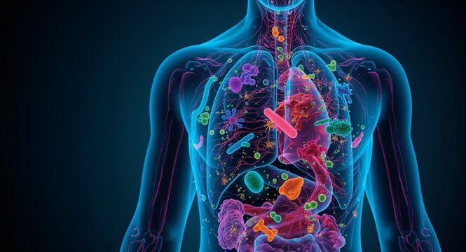 An illustrated human body showcases a vibrant universe of colorful microbes and bacteria, highlighting the essential relationship between our microbiome and overall health