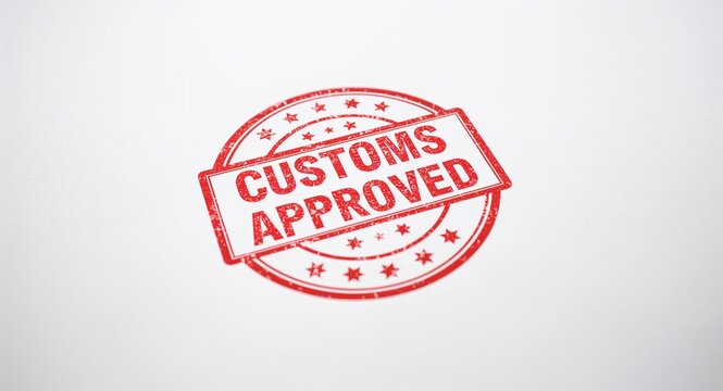 A distinctive Customs Approved rubber stamp is centered on aligned paperwork, utilizing negative space to draw attention to essential compliance details