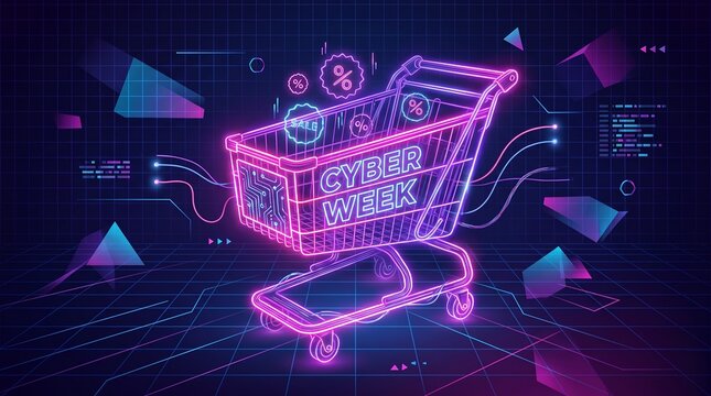 Neon shopping cart wireframe for black friday and cyber week online holiday sales with shopping