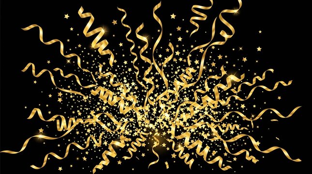 Golden confetti explosion on black background for christmas day and black friday celebrations