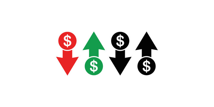Financial arrows in red green and black showing positive and negative currency movements.
