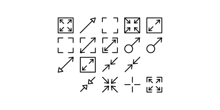 Expansion and contraction arrow icons in black line style for screen resizing window scaling and ui navigation set.