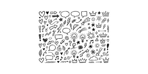 Comprehensive doodle icon set featuring various speech bubbles hearts light bulbs crowns and decorative elements. © Artify Creations