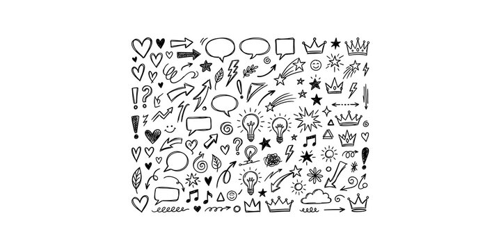 Comprehensive doodle icon set featuring various speech bubbles hearts light bulbs crowns and decorative elements.