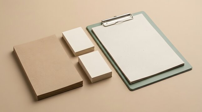 Stationery mockup with clipboard and paper on beige table