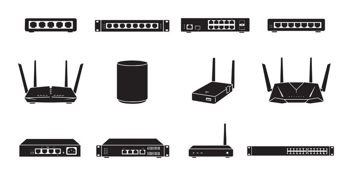 Network Hardware Icons Set: Routers, Switches, Modems, and Servers, Black and White Vector Collection for Tech and Connectivity Concepts