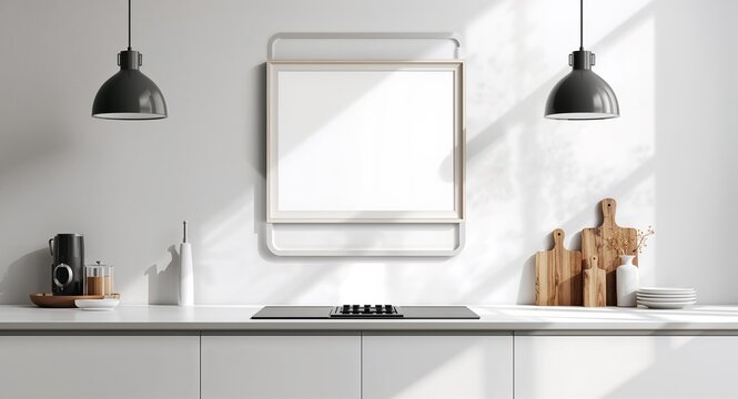A mock-up wall decor frame suspended in a minimalistic kitchen setting, allowing for ample copy space and harmonious design aesthetics, interior design, minimalism, wall art, modern and style concept