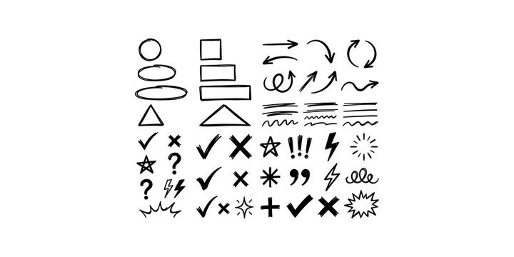 Hand drawn doodle sketch vector set of geometric shapes, arrows, lines, and various symbols for design elements.