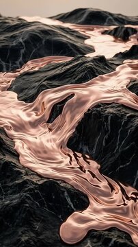 Rose gold liquid flowing on black rocky terrain