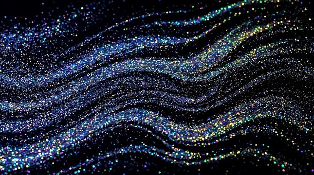 Abstract dark background with shimmering blue and gold glitter waves.