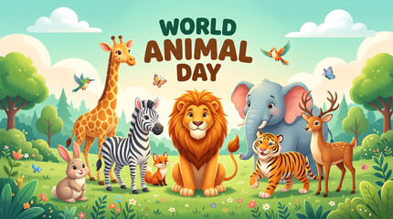 Obraz premium Cartoon animals gather together in a green meadow for world animal day