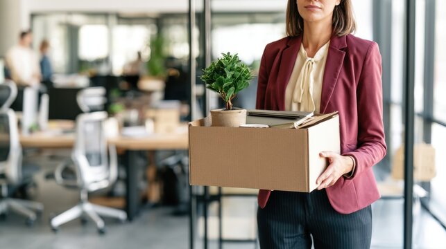 Professional woman carrying a box of desk belongings while leaving an office during a career transition