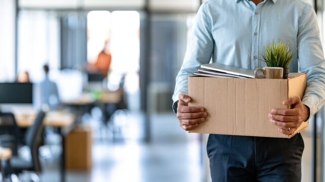 Office employee carrying a box of personal belongings while leaving a workplace during corporate downsizing