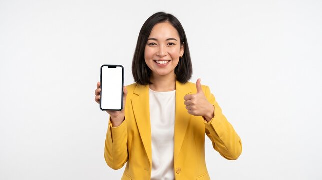 Happy Asian woman in yellow blazer holding a blank smartphone screen and showing thumbs up gesture for mobile app marketing
