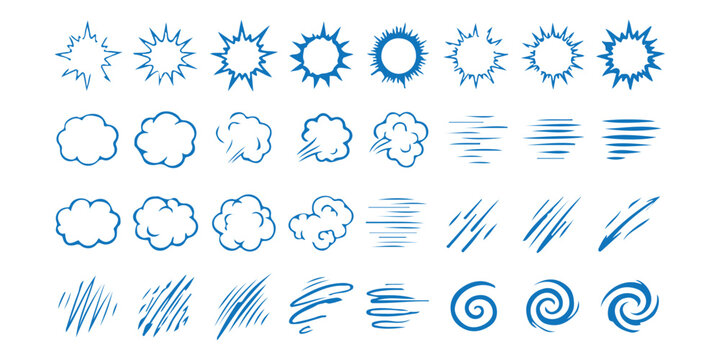 Set of hand drawn cartoon comic book action effect elements with blue highlights