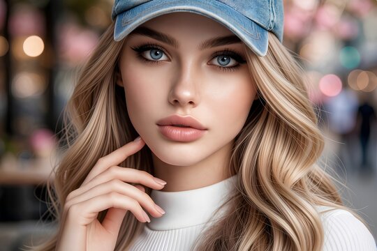A stunning portrait of an attractive blonde woman with wavy hair, wearing a casual blue denim baseball cap and a white top, gently touching her face with a soft, natural expression.