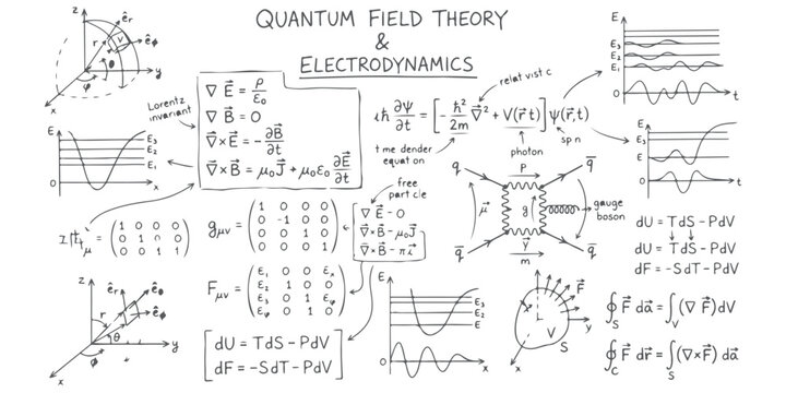 Handwritten quantum field theory and electrodynamics physics equations and diagrams on a board