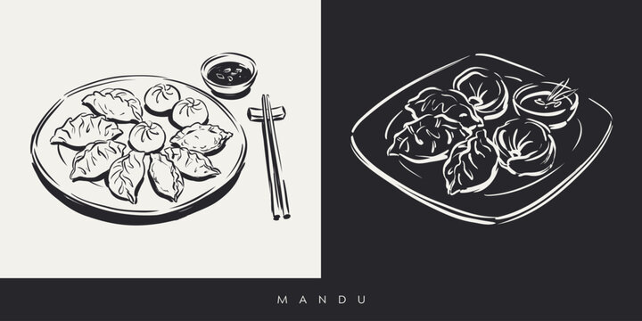 Hand-drawn Korean Mandu Dumplings Illustration with Chopsticks and Dipping Sauce on Plate