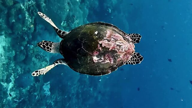 Hawksbill sea turtle swimming in deep blue ocean water
