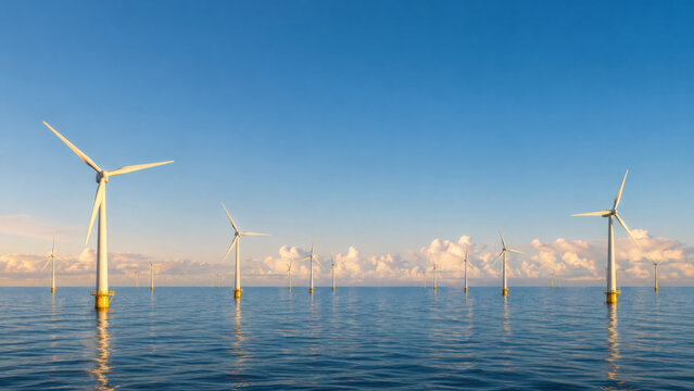 Dramatic wind turbines in ocean captured with atmospheric light and rich environmental detail throughout