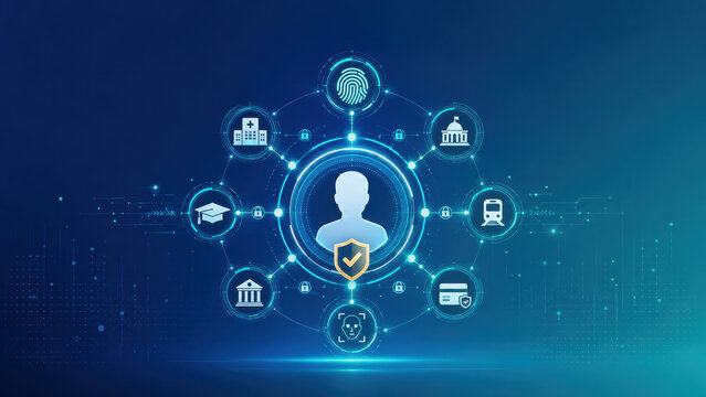 Digital digital fingerprint authentication shown through connected digital elements on a modern technology interface