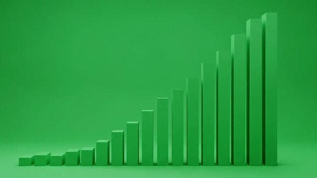 Bar chart built from vertical green pillars ascends progressively from left to right against a matching solid backdrop.