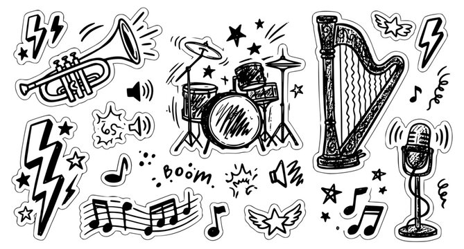 Retro jazz music crayon doodle sticker collection with trumpet drums and harp vector