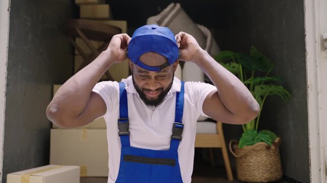Happy professional African man mover service and delivery in company uniform standing smiling and putting on blue cap with arms crossed while looking at camera with relaxing after loading onto truck. 