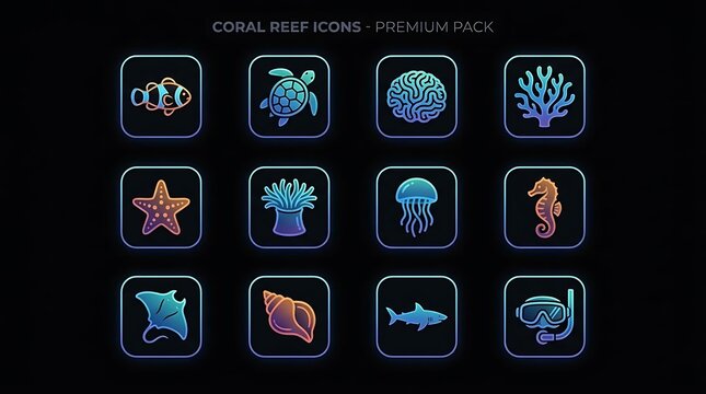 Neon coral reef animal icons set on black background.