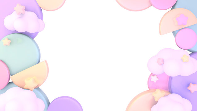 3D render of pastel clouds and stars decorative frame on a transparent background.