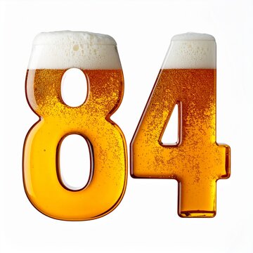 Beer Glass Shaped as Number 84 with Foam and Bubbles on White Background for Birthday and Anniversary Celebration