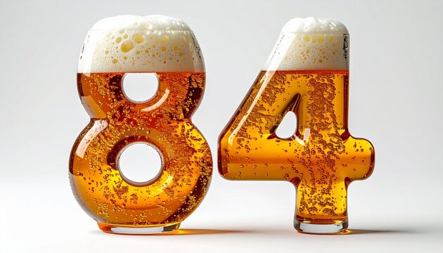 Beer Glass Shaped as Number 84 with Foam and Bubbles on White Background for Birthday and Anniversary Celebration