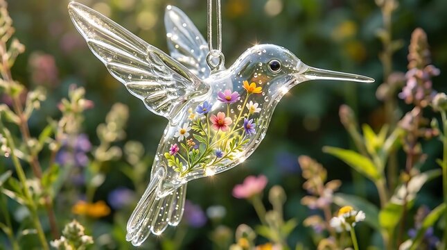 Transparent glass bird ornament filled with dried flowers.