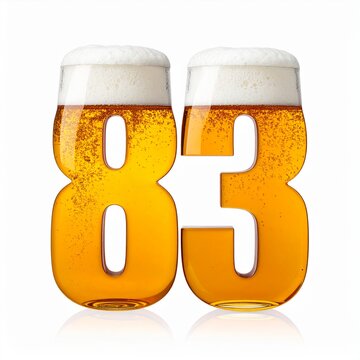 Beer Glass Shaped as Number 83 with Foam and Bubbles on White Background for Birthday and Anniversary Celebration