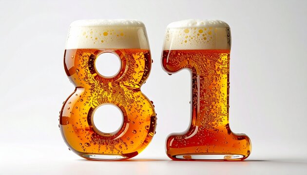 Beer Glass Shaped as Number 80 with Foam and Bubbles on White Background for Birthday and Anniversary Celebration