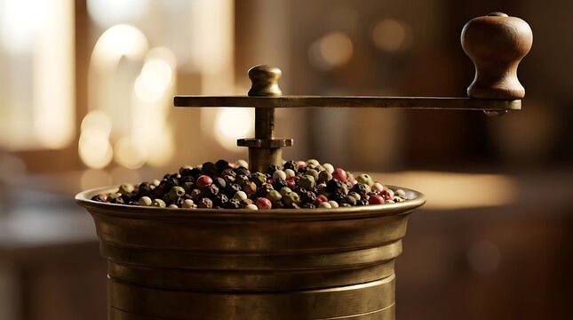 Vintage brass pepper grinder filled with black peppercorns.