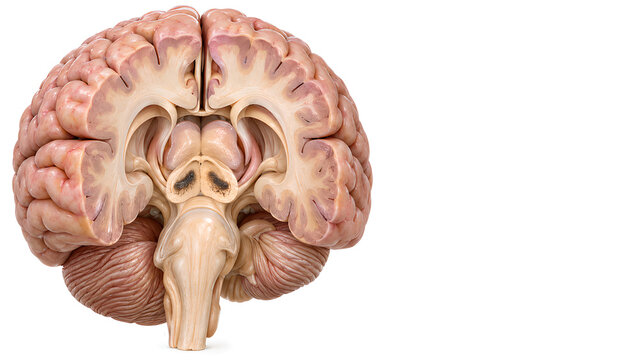 Parkinson's Disease Brain Anatomy with Substantia Nigra Focus, Photorealistic 3D Midbrain Cutaway on White Background for Neurology Education, Healthcare Presentations and Patient Information