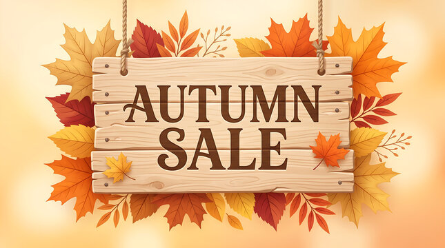 Wooden sign hanging with colorful autumn leaves on a blurred