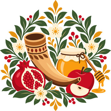 Flat vector illustration featuring traditional Rosh Hashanah elements including a shofar, honey jar, honey dipper, red apples, pomegranate, flowers, berries, and decorative foliage. Suitable for Jewis