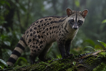 Obraz premium Wild African civet on mossy log in dim rainforest, spotted coat and dark face mask, wildlife and nature concept