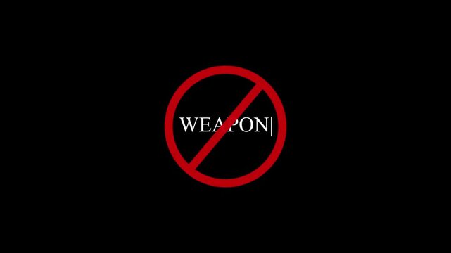 A circular red and black no weapon text icon animation. stop, not allowed and ban concept animation on black background. 4k video