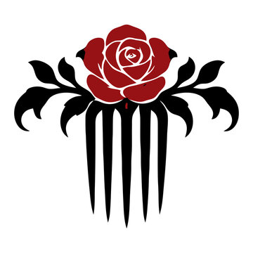 Gothic hair comb with a red rose, leaves and pointed teeth, black and red vector icon for Victorian hair accessory, Spanish mantilla and sticker designs.