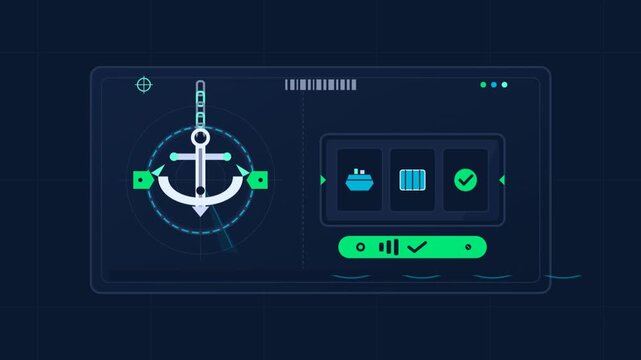 Modern digital dashboard interface featuring animated vector UI elements and rotating navigation anchor graphics inside a tech control panel