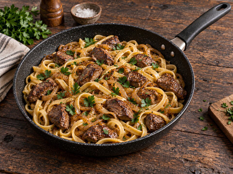 Creamy Beef Pasta with Caramelized Onions and Fresh Parsley