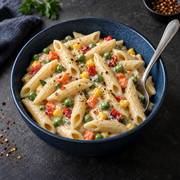 Creamy Penne Pasta with Peas, Corn, Carrots and Red Pepper